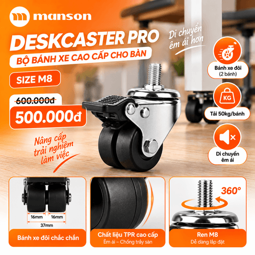 'Combo 04 Banh Xe DeskCasters Pro Dung Cho Ban Nang Ha Manson, Khong Lam Tang Chieu Cao Dang Ke, Size M8'