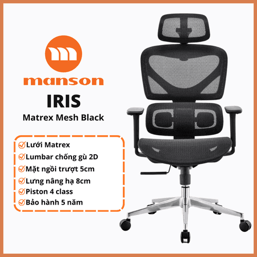 'Ghe Cong Thai Hoc Manson Iris Luoi Matrex Den, Lung Nang Ha, Mat Ngoi Truot, Tay 3D, Piston 4 Cap BIFMA'