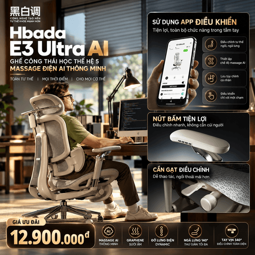'Ghế Công Thái Học Hbada Ultra Ai - Mặt Ngồi Lưới - Masage Bằng Điện Với Hệ Thống Dynamic Ergonomic System Theo Chuyển Động, Bản Lắp Đặt Sẵn Trong Thùng Chỉ Dành Cho Premium Distributors' 'Ghe Cong Thai Hoc Hbada Ultra Ai - Mat Ngoi Luoi - Masage Bang Dien Voi He Thong Dynamic Ergonomic System Theo Chuyen Dong, Ban Lap Dat San Trong Thung Chi Danh Cho Premium Distributors'