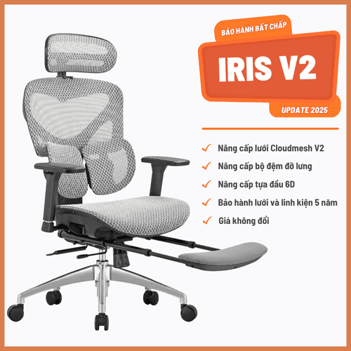 'Ghế Công Thái Học Manson Iris Lưới Cloudmesh, Màu Xám + Gác Chân, Lưng Nâng Hạ, Mặt Ngồi Trượt, Tay 3D, Piston 4 Cấp BIFMA' 'Ghe Cong Thai Hoc Manson Iris Luoi Cloudmesh, Mau Xam + Gac Chan, Lung Nang Ha, Mat Ngoi Truot, Tay 3D, Piston 4 Cap BIFMA'