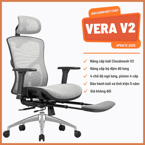 'Ghế Công Thái Học Manson Vera Lưới CloudMesh Xám Gác Chân, Lưng Nâng Hạ, Mặt Ngồi Trượt, Tay 3D, Piston 4 Cấp BIFMA' 'Ghe Cong Thai Hoc Manson Vera Luoi CloudMesh Xam Gac Chan, Lung Nang Ha, Mat Ngoi Truot, Tay 3D, Piston 4 Cap BIFMA'