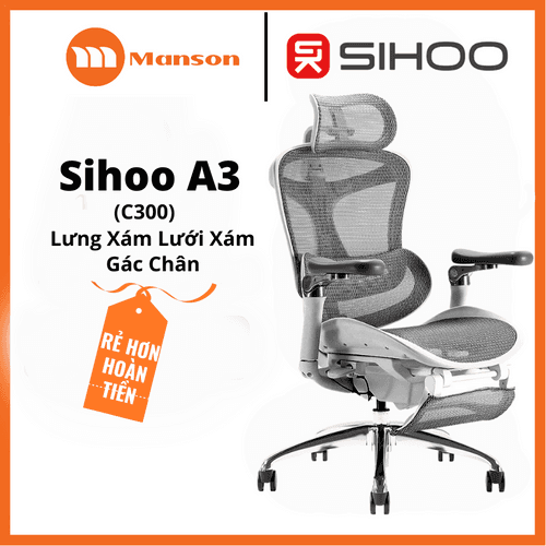 'Ghế Công Thái Học Sihoo A3 (Sihoo Doro C300) Lưng Xám Lưới Xám Gác Chân - Tay 6D - Piston 4 Class' 'Ghe Cong Thai Hoc Sihoo A3 (Sihoo Doro C300) Lung Xam Luoi Xam Gac Chan - Tay 6D - Piston 4 Class'