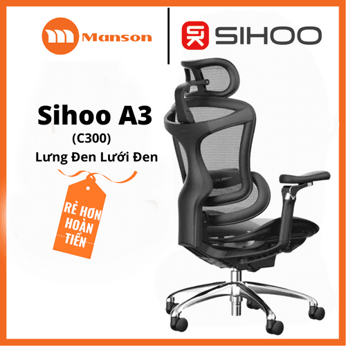 'Ghế Công Thái Học Sihoo A3 (Sihoo Doro C300) Lưng Đen Lưới Đen - Tay 6D - Piston 4 Class' 'Ghe Cong Thai Hoc Sihoo A3 (Sihoo Doro C300) Lung Den Luoi Den - Tay 6D - Piston 4 Class'