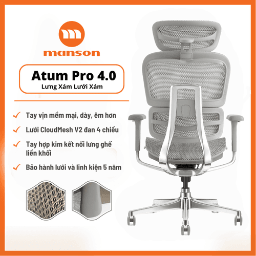 'Ghế Công Thái Học Atum Pro 4.0 Màu Xám - Cập Nhập Lưới, Bệ, Khung Tay, Lưới CloudMesh V2' 'Ghe Cong Thai Hoc Atum Pro 4.0 Mau Xam - Cap Nhap Luoi, Be, Khung Tay, Luoi CloudMesh V2'