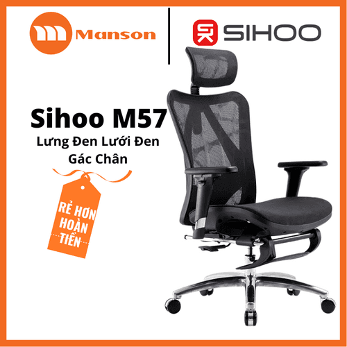 'Ghế Công Thái Học Sihoo M57 Lưng Đen Lưới Đen + Gác Chân European Standards' 'Ghe Cong Thai Hoc Sihoo M57 Lung Den Luoi Den + Gac Chan European Standards'