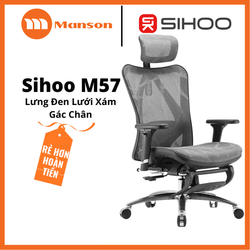 Ghe Cong Thai Hoc Sihoo M57 Ergonomic Lung Den Luoi Xam Kem Gac Chan