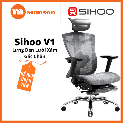 'Ghế Công Thái Học Sihoo V1 - Lưng Đen Lưới Xám - Tay 4D - Gác Chân' 'Ghe Cong Thai Hoc Sihoo V1 - Lung Den Luoi Xam - Tay 4D - Gac Chan'