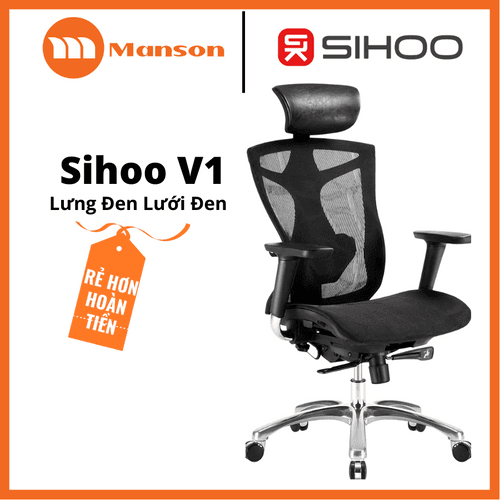 'Ghế Công Thái Học Sihoo V1 - Lưng Đen Lưới Đen - Tay 4D - Mặt Trượt' 'Ghe Cong Thai Hoc Sihoo V1 - Lung Den Luoi Den - Tay 4D - Mat Truot'