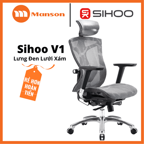 'Ghế Công Thái Học Sihoo V1 - Lưng Đen Lưới Xám - Tay 4D - Mặt Trượt' 'Ghe Cong Thai Hoc Sihoo V1 - Lung Den Luoi Xam - Tay 4D - Mat Truot'